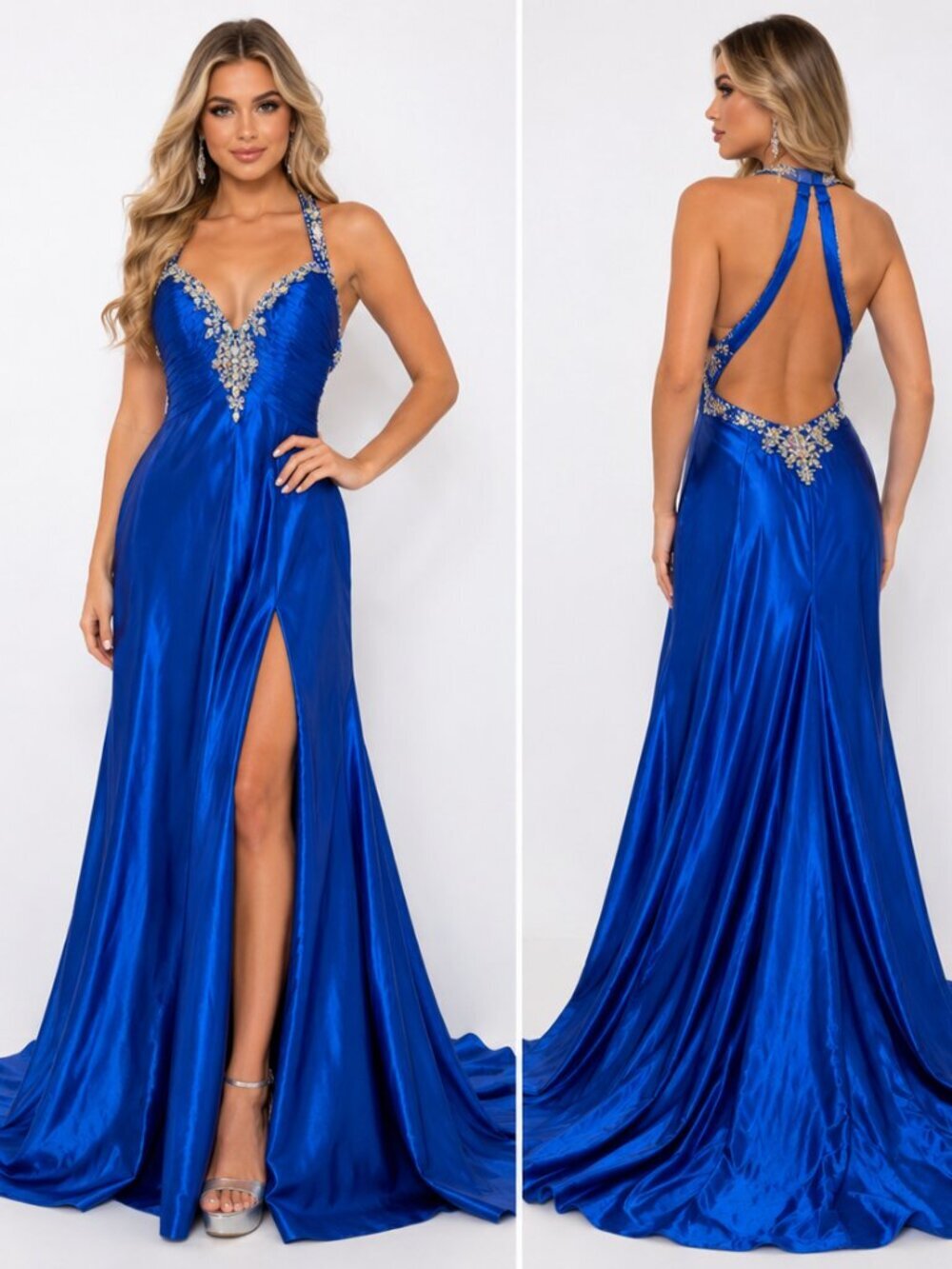 Tony Bowls Paris Pageant Gown Prom Wedding Sapphire Blue Jeweled Halter Train  6
